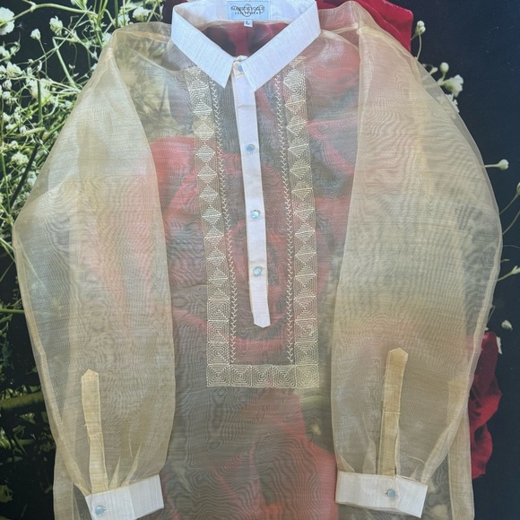 Beige/cream Pina Organza Men’s Traditional Barong Tagalog w/ Classic Embroidery - Picture 5 of 11